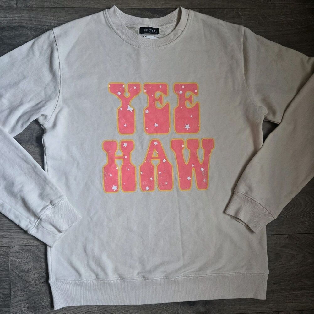 ZUTTER Womens Sweatshirt M Cream Bone Yee Haw Pink Star Graphic Cowgirl Pullover